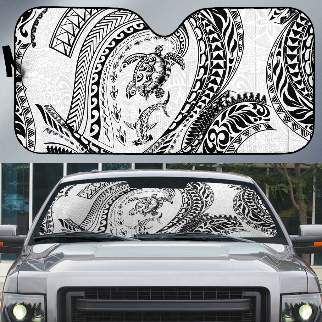 Hawaiian Turtle and Shark Auto Sun Shade Kakau Tribal with Polynesian Pattern White Color LT03 White - Polynesian Pride