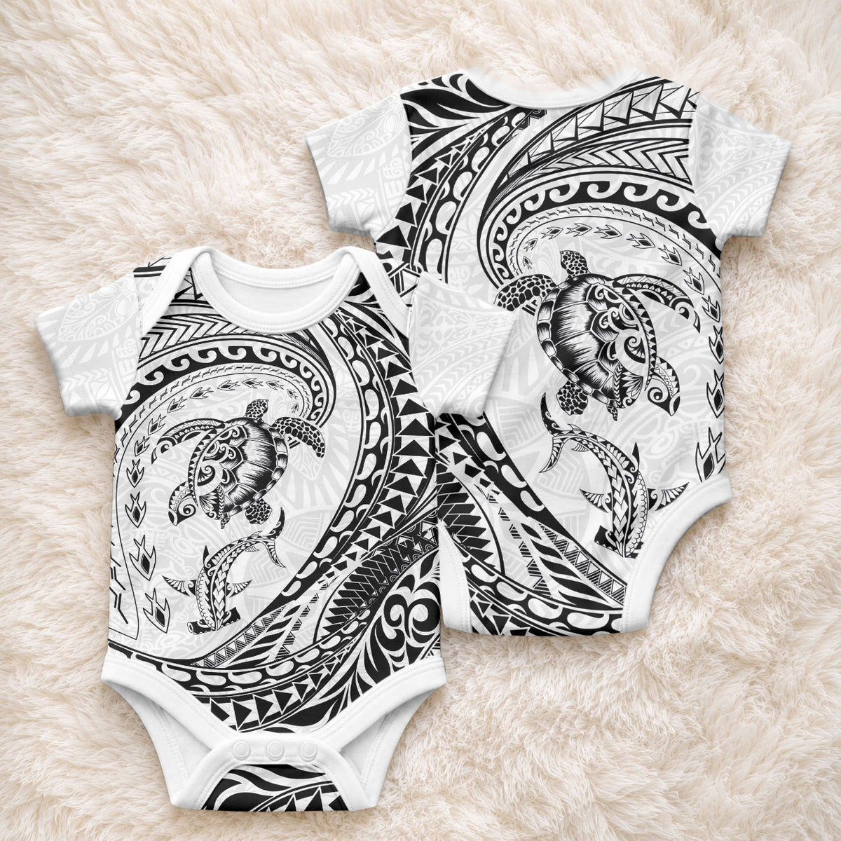 Hawaiian Turtle and Shark Baby Onesie Kakau Tribal with Polynesian Pattern White Color
