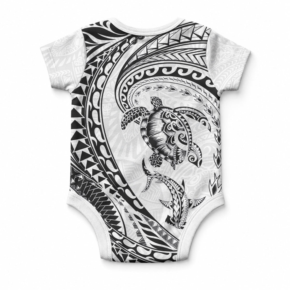 Hawaiian Turtle and Shark Baby Onesie Kakau Tribal with Polynesian Pattern White Color