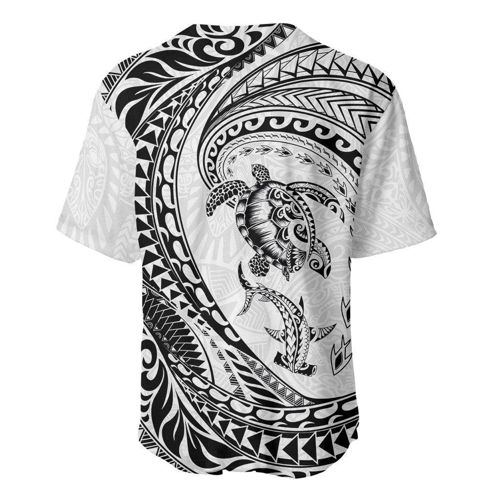Hawaiian Turtle and Shark Baseball Jersey Kakau Tribal with Polynesian Pattern White Color LT03 - Polynesian Pride