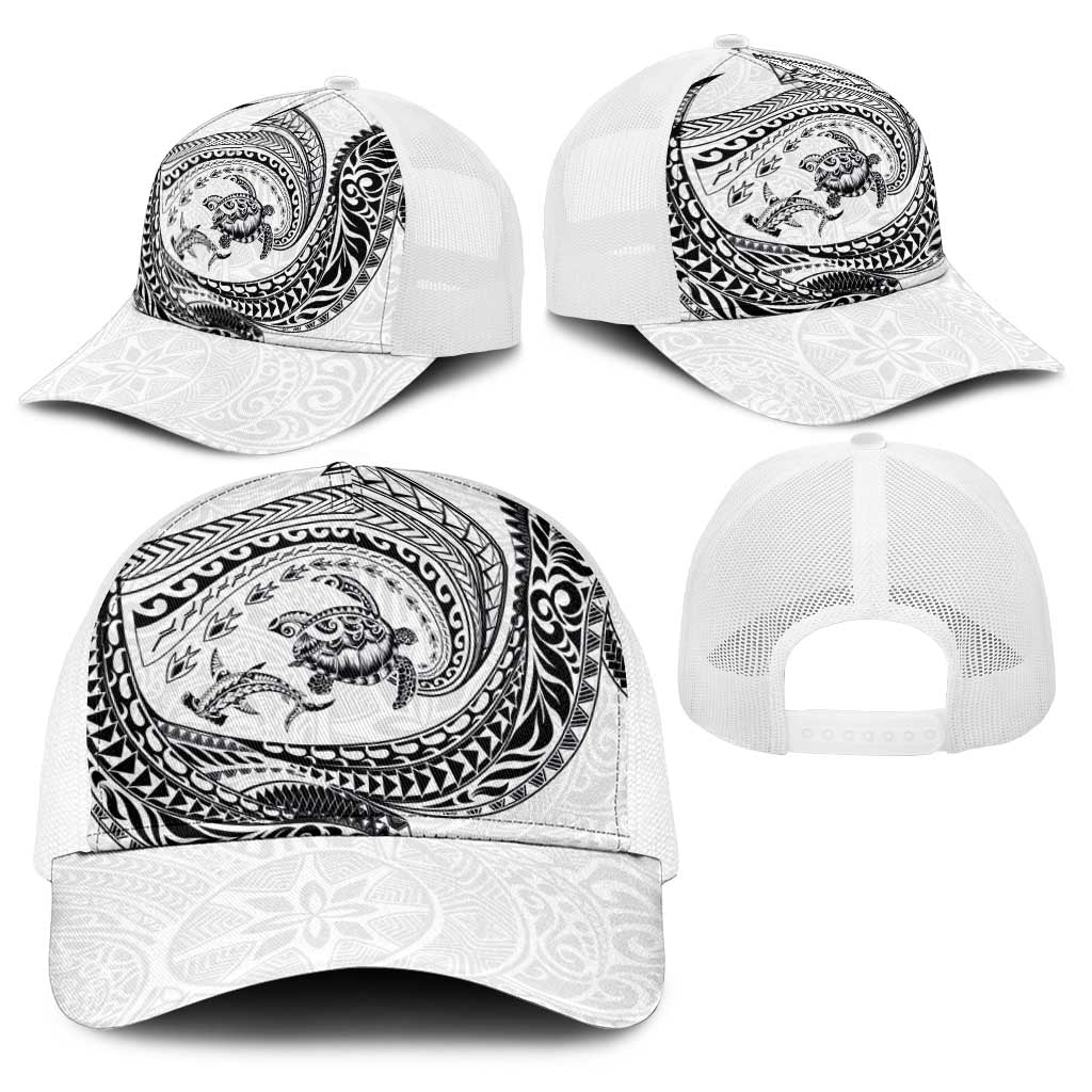 Hawaiian Turtle and Shark Baseball Net Cap Kakau Tribal with Polynesian Pattern White Color LT03 - Polynesian Pride