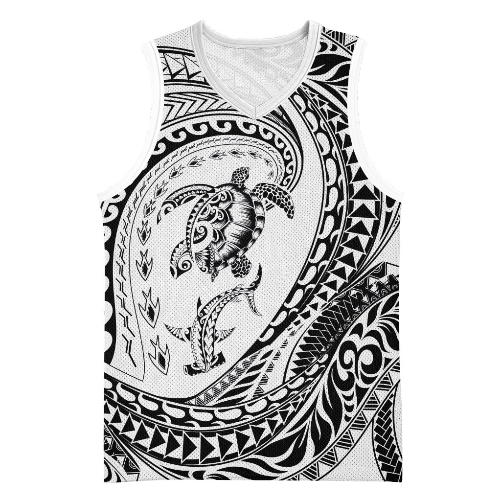 Hawaiian Turtle and Shark Basketball Jersey Kakau Tribal with Polynesian Pattern White Color LT03 Unisex White - Polynesian Pride