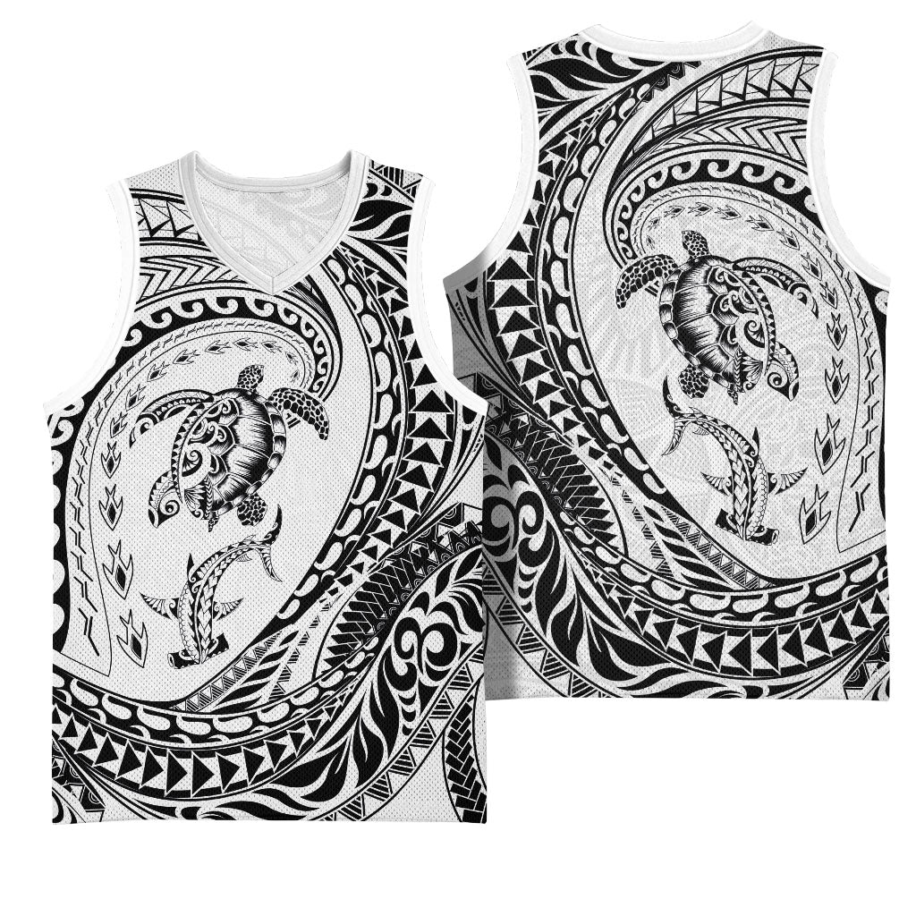 Hawaiian Turtle and Shark Basketball Jersey Kakau Tribal with Polynesian Pattern White Color LT03 - Polynesian Pride