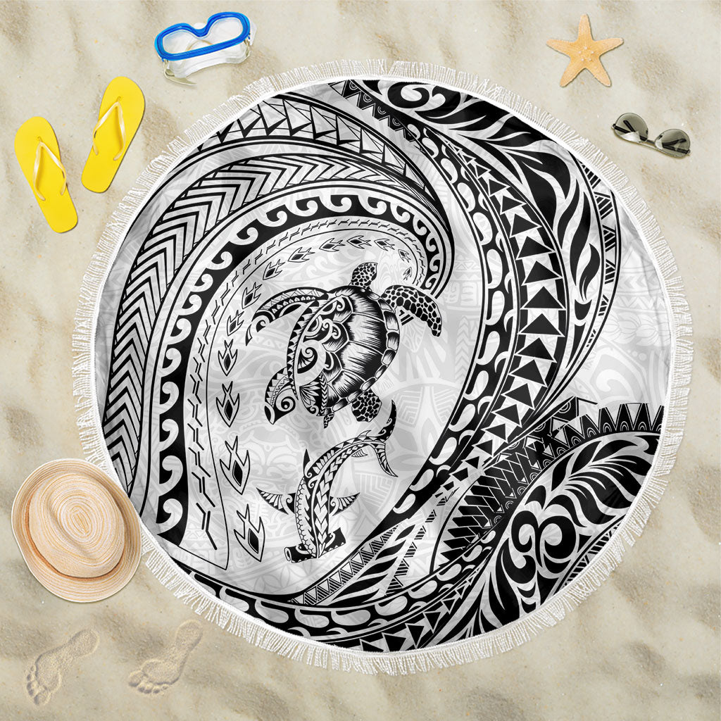Hawaiian Turtle and Shark Beach Blanket Kakau Tribal with Polynesian Pattern White Color LT03 One Size 150cm White - Polynesian Pride