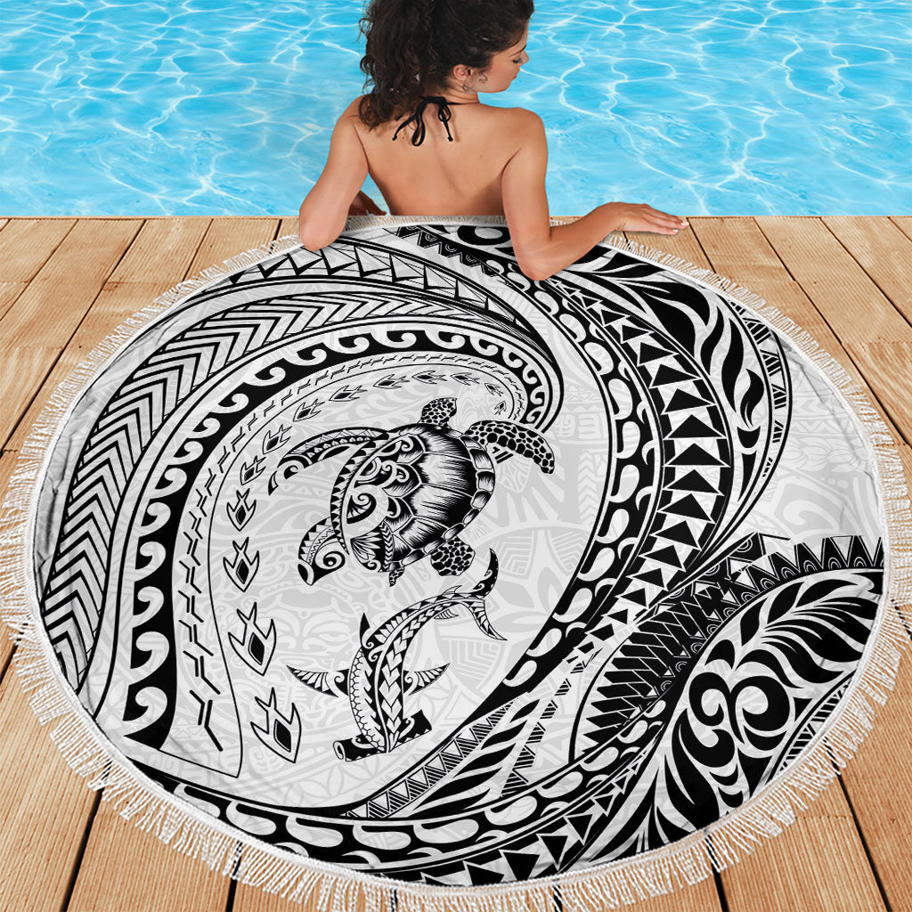 Hawaiian Turtle and Shark Beach Blanket Kakau Tribal with Polynesian Pattern White Color LT03 - Polynesian Pride