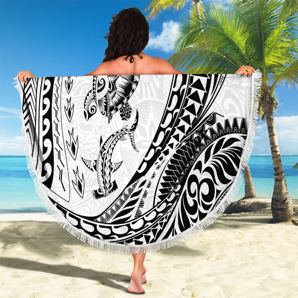 Hawaiian Turtle and Shark Beach Blanket Kakau Tribal with Polynesian Pattern White Color LT03 - Polynesian Pride