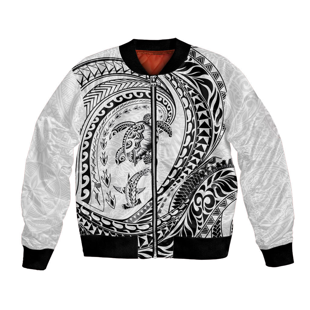 Hawaiian Turtle and Shark Bomber Jacket Kakau Tribal with Polynesian Pattern White Color LT03 Unisex White - Polynesian Pride