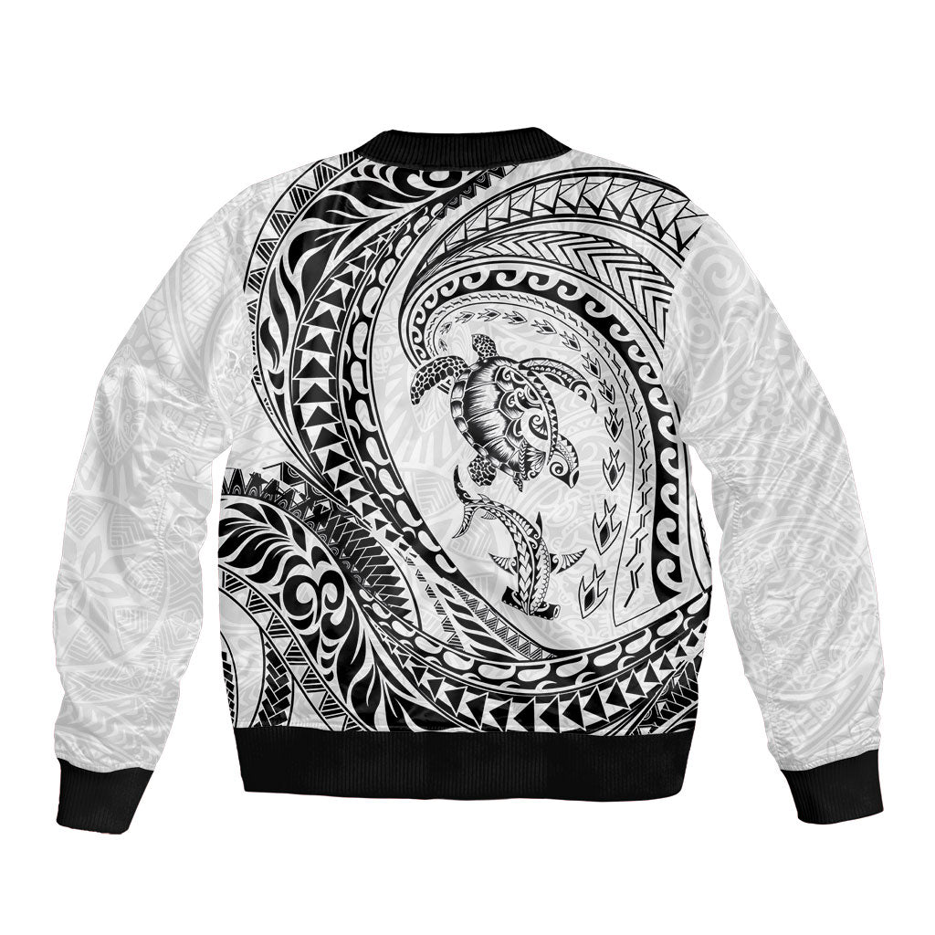 Hawaiian Turtle and Shark Bomber Jacket Kakau Tribal with Polynesian Pattern White Color LT03 - Polynesian Pride