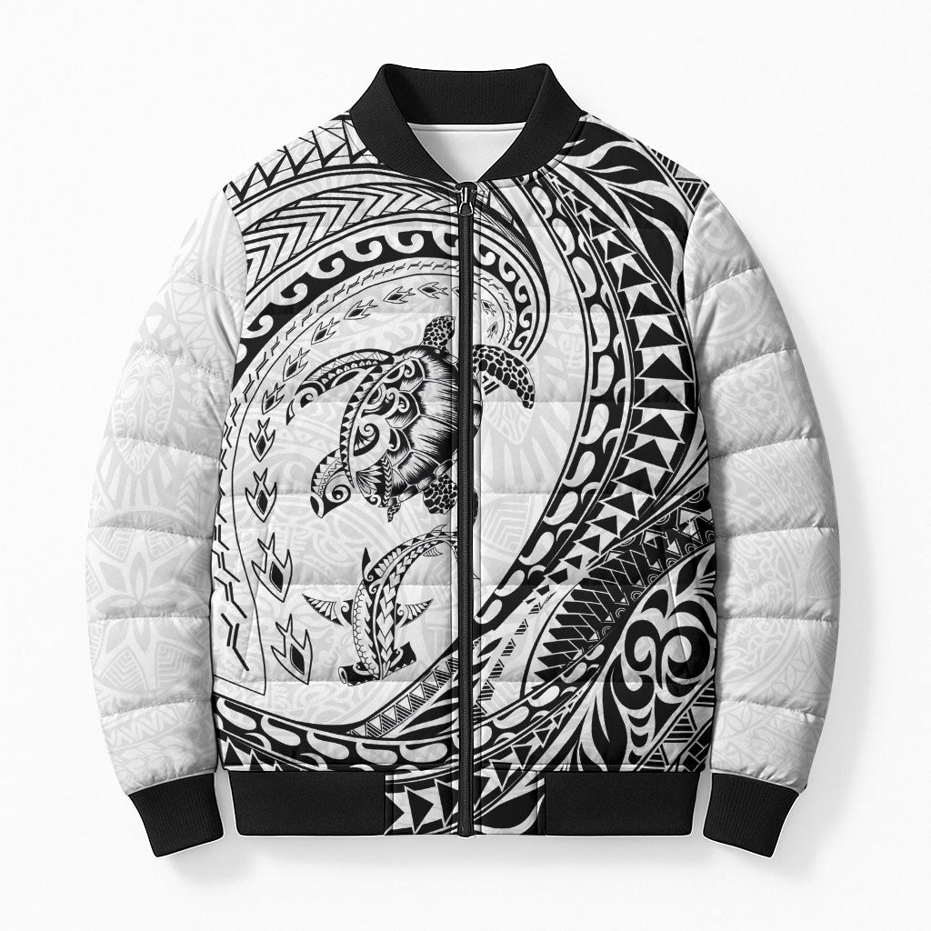 Hawaiian Turtle and Shark Bomber Puffer Jacket Kakau Tribal with Polynesian Pattern White Color LT03 Unisex White - Polynesian Pride