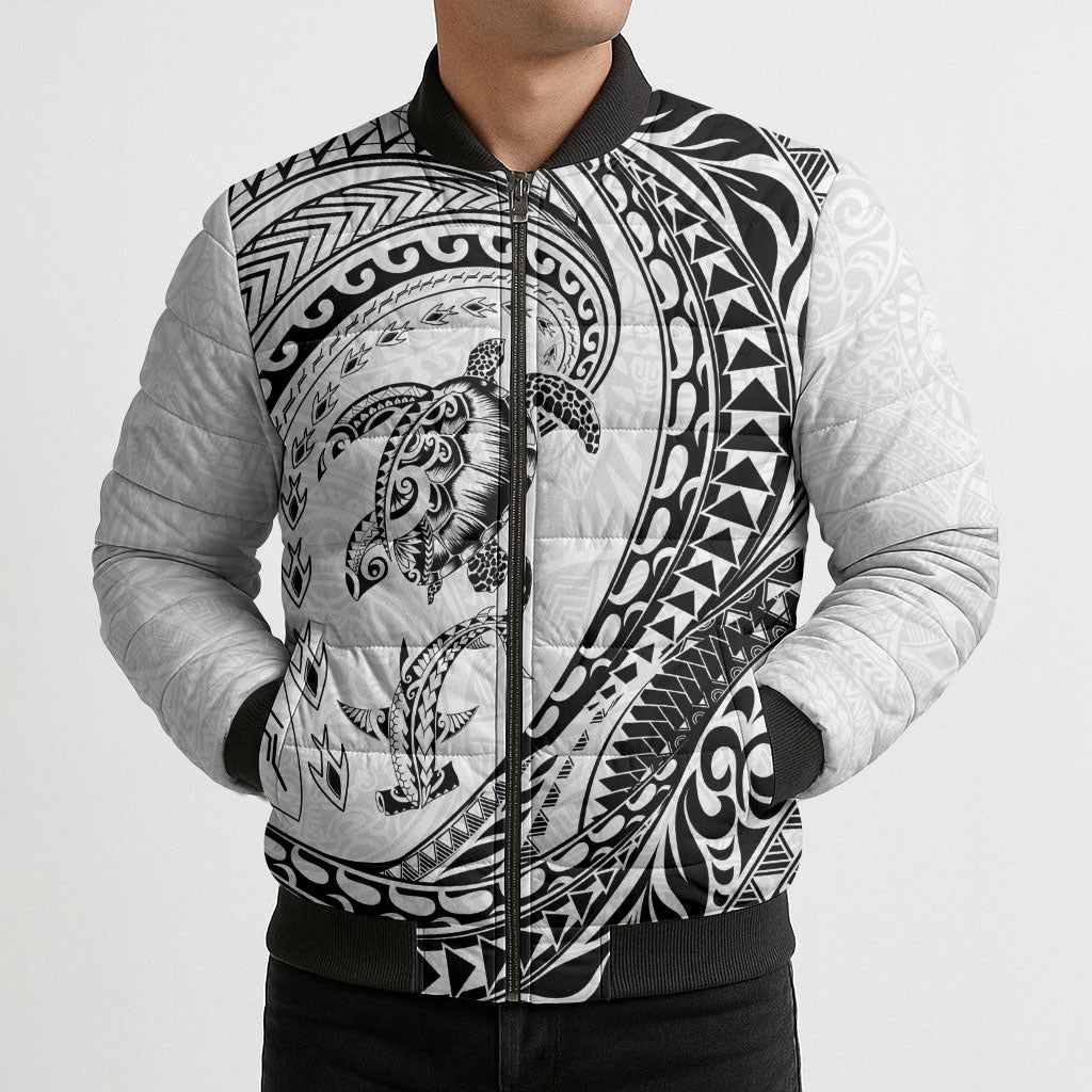 Hawaiian Turtle and Shark Bomber Puffer Jacket Kakau Tribal with Polynesian Pattern White Color LT03 - Polynesian Pride