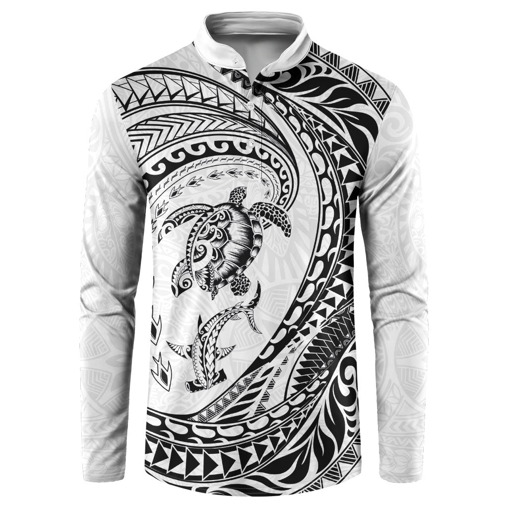 Hawaiian Turtle and Shark Button Sweatshirt Kakau Tribal with Polynesian Pattern White Color LT03 White - Polynesian Pride