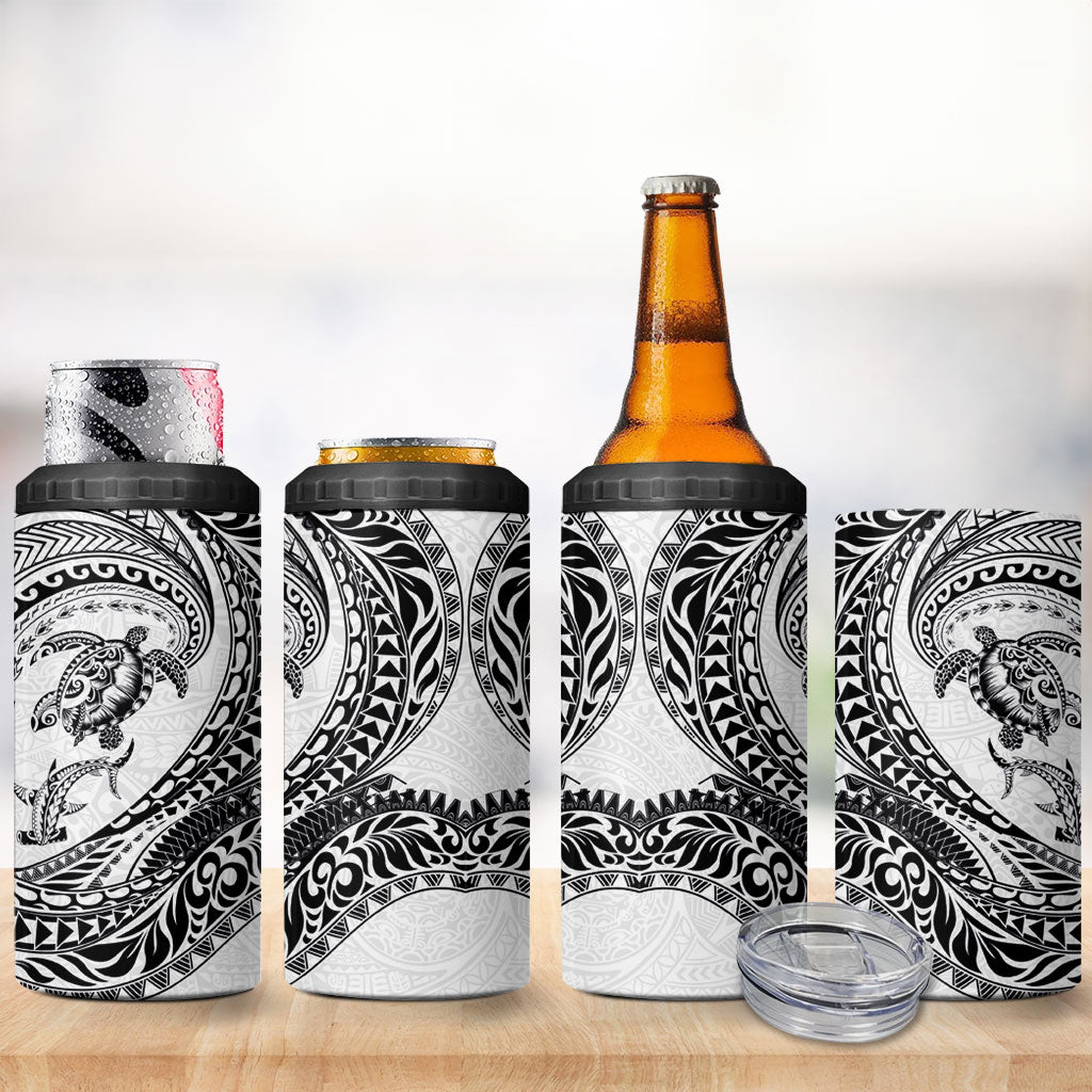Hawaiian Turtle and Shark 4 in 1 Can Cooler Tumbler Kakau Tribal with Polynesian Pattern White Color LT03 - Polynesian Pride