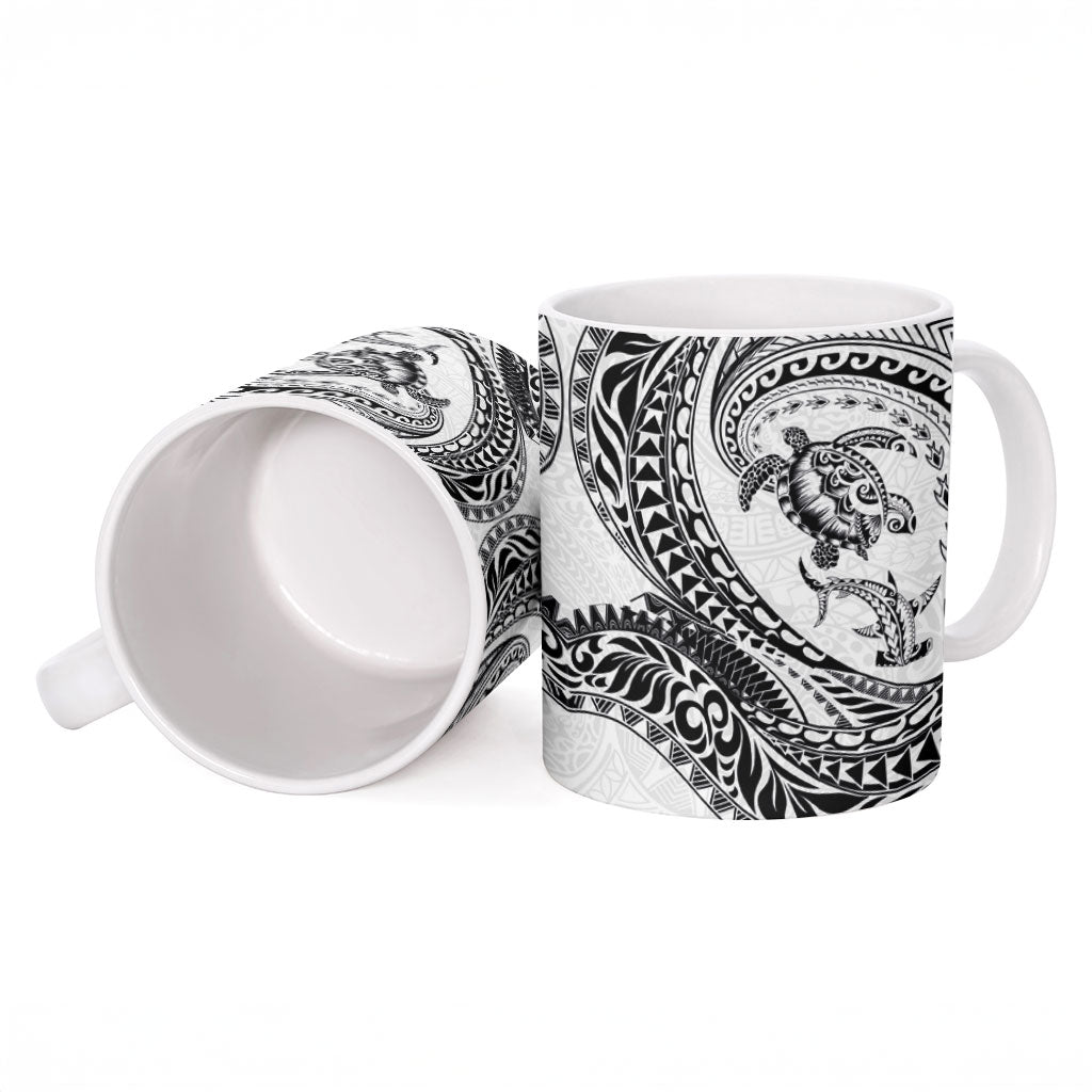 Hawaiian Turtle and Shark Ceramic Mug Kakau Tribal with Polynesian Pattern White Color LT03 - Polynesian Pride