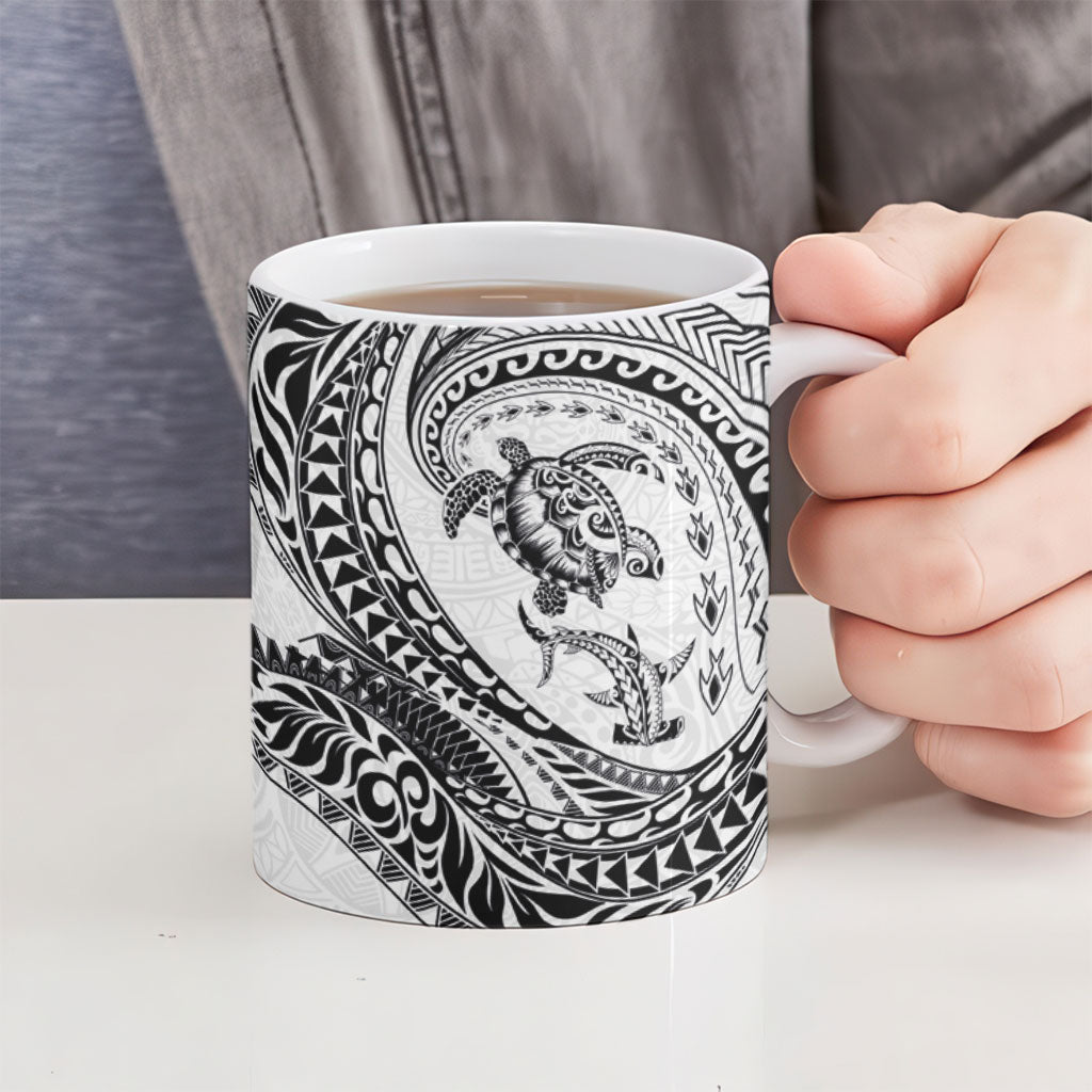 Hawaiian Turtle and Shark Ceramic Mug Kakau Tribal with Polynesian Pattern White Color LT03 - Polynesian Pride