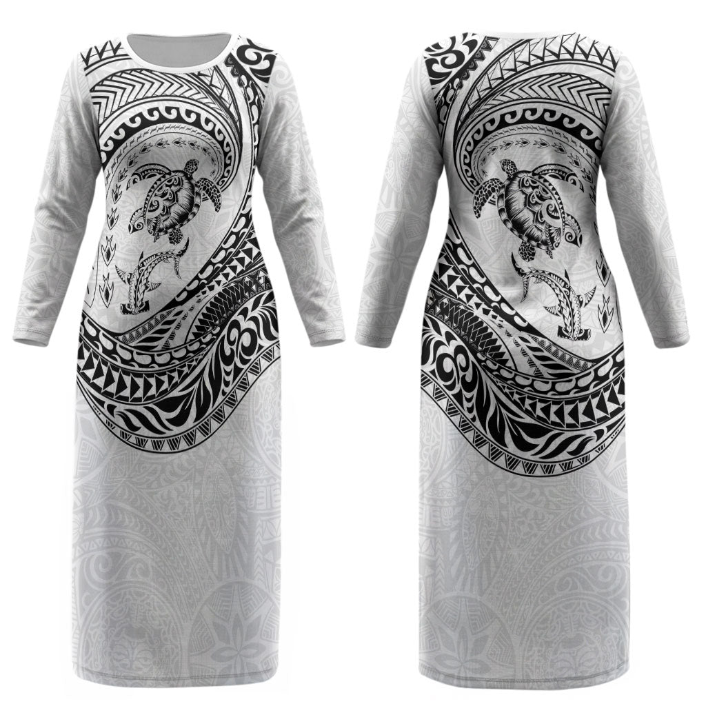 Hawaiian Turtle and Shark Couples Matching Long Sleeve Bodycon Dress and Hawaiian Shirt Kakau Tribal with Polynesian Pattern White Color LT03 - Polynesian Pride