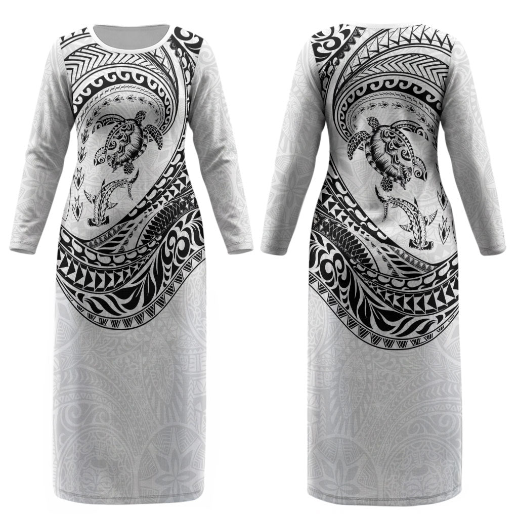 Hawaiian Turtle and Shark Couples Matching Long Sleeve Bodycon Dress and Long Sleeve Button Shirt Kakau Tribal with Polynesian Pattern White Color LT03 - Polynesian Pride