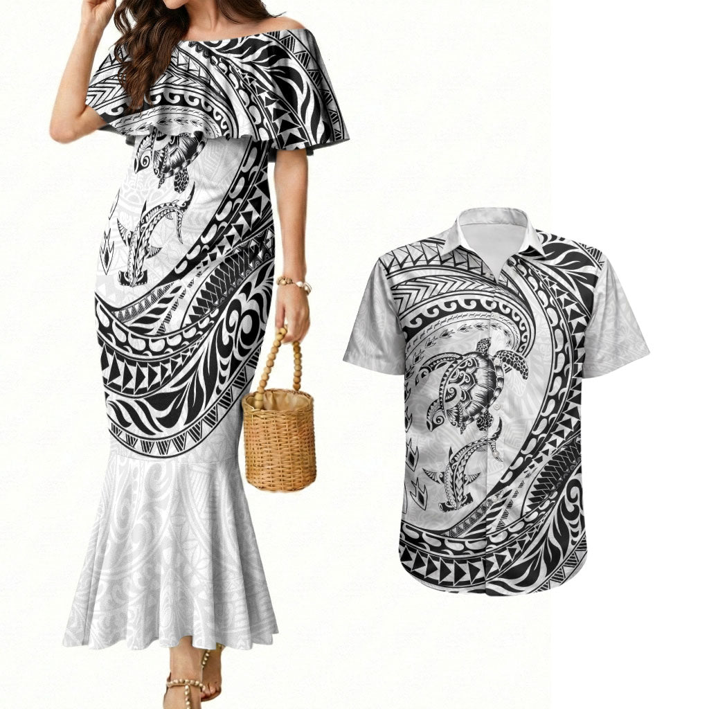 Hawaiian Turtle and Shark Couples Matching Mermaid Dress and Hawaiian Shirt Kakau Tribal with Polynesian Pattern White Color LT03 White - Polynesian Pride