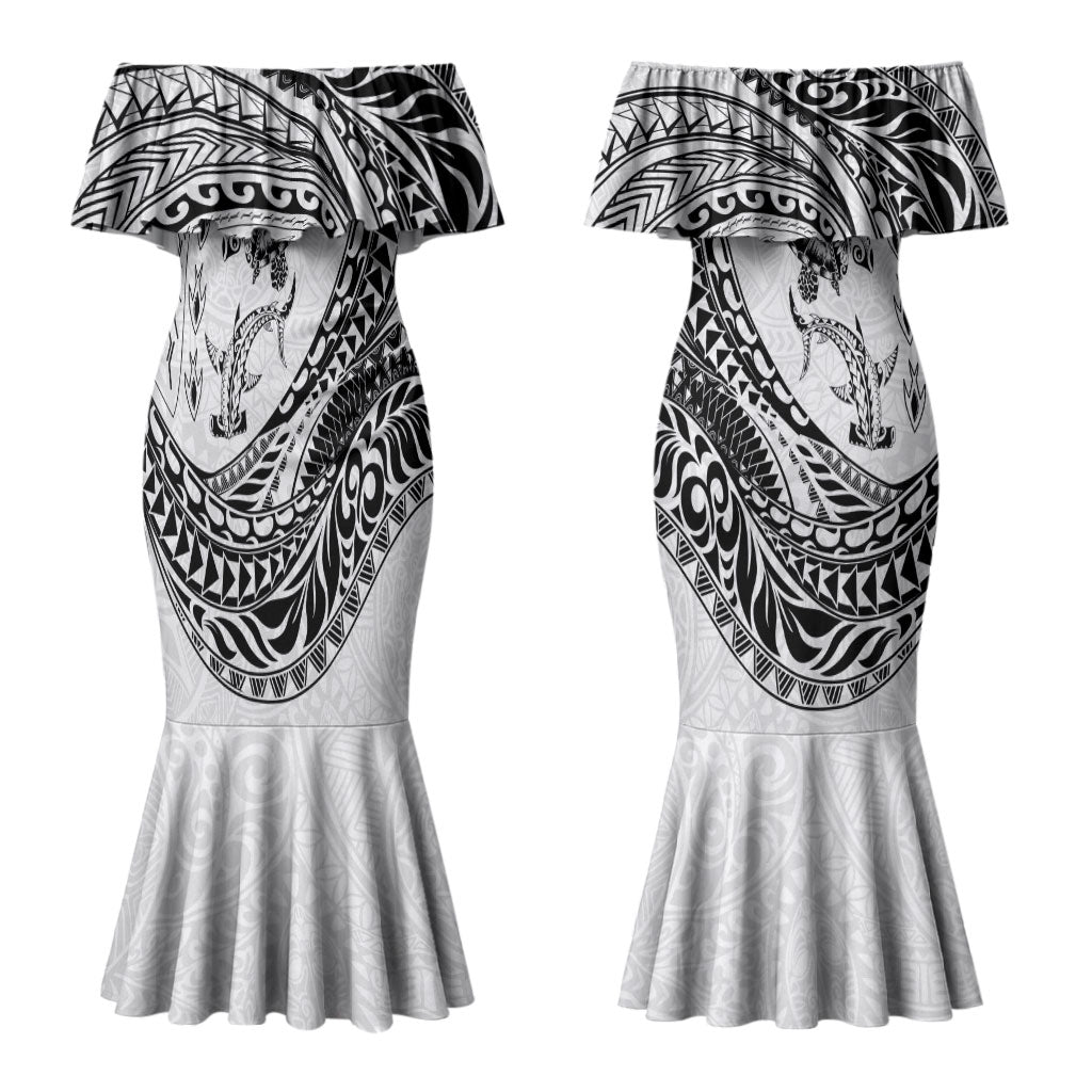 Hawaiian Turtle and Shark Couples Matching Mermaid Dress and Hawaiian Shirt Kakau Tribal with Polynesian Pattern White Color LT03 - Polynesian Pride