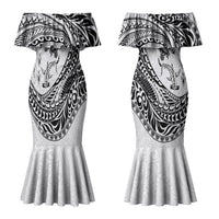 Hawaiian Turtle and Shark Couples Matching Mermaid Dress and Hawaiian Shirt Kakau Tribal with Polynesian Pattern White Color LT03 - Polynesian Pride