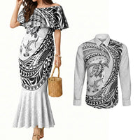 Hawaiian Turtle and Shark Couples Matching Mermaid Dress and Long Sleeve Button Shirt Kakau Tribal with Polynesian Pattern White Color LT03 White - Polynesian Pride