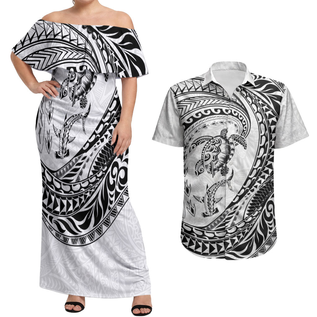 Hawaiian Turtle and Shark Couples Matching Off Shoulder Maxi Dress and Hawaiian Shirt Kakau Tribal with Polynesian Pattern White Color LT03 White - Polynesian Pride
