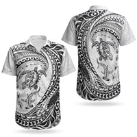 Hawaiian Turtle and Shark Couples Matching Off Shoulder Maxi Dress and Hawaiian Shirt Kakau Tribal with Polynesian Pattern White Color LT03 - Polynesian Pride