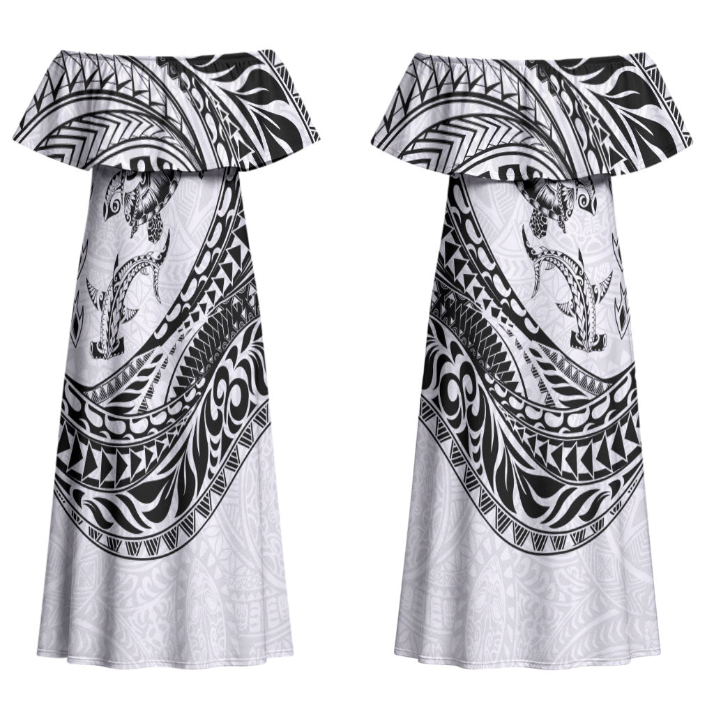 Hawaiian Turtle and Shark Couples Matching Off Shoulder Maxi Dress and Long Sleeve Button Shirt Kakau Tribal with Polynesian Pattern White Color LT03 - Polynesian Pride