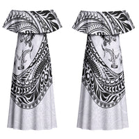 Hawaiian Turtle and Shark Couples Matching Off Shoulder Maxi Dress and Long Sleeve Button Shirt Kakau Tribal with Polynesian Pattern White Color LT03 - Polynesian Pride