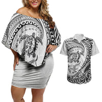 Hawaiian Turtle and Shark Couples Matching Off Shoulder Short Dress and Hawaiian Shirt Kakau Tribal with Polynesian Pattern White Color LT03 White - Polynesian Pride