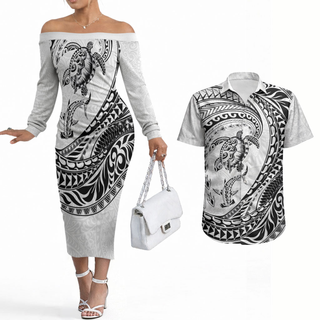Hawaiian Turtle and Shark Couples Matching Off The Shoulder Long Sleeve Dress and Hawaiian Shirt Kakau Tribal with Polynesian Pattern White Color LT03 White - Polynesian Pride
