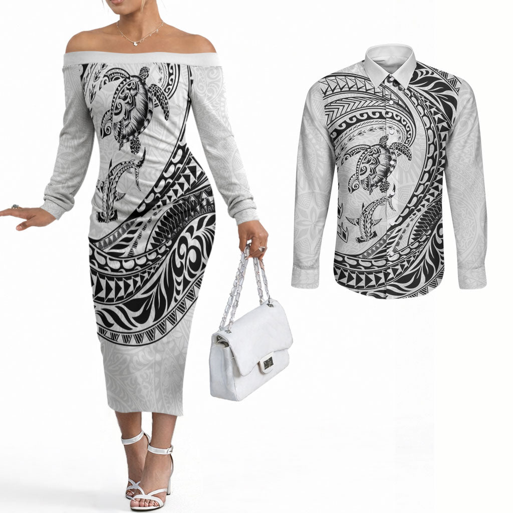 Hawaiian Turtle and Shark Couples Matching Off The Shoulder Long Sleeve Dress and Long Sleeve Button Shirt Kakau Tribal with Polynesian Pattern White Color LT03 White - Polynesian Pride