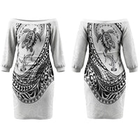 Hawaiian Turtle and Shark Couples Matching Off The Shoulder Long Sleeve Dress and Long Sleeve Button Shirt Kakau Tribal with Polynesian Pattern White Color LT03 - Polynesian Pride