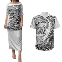 Hawaiian Turtle and Shark Couples Matching Puletasi and Hawaiian Shirt Kakau Tribal with Polynesian Pattern White Color LT03 White - Polynesian Pride