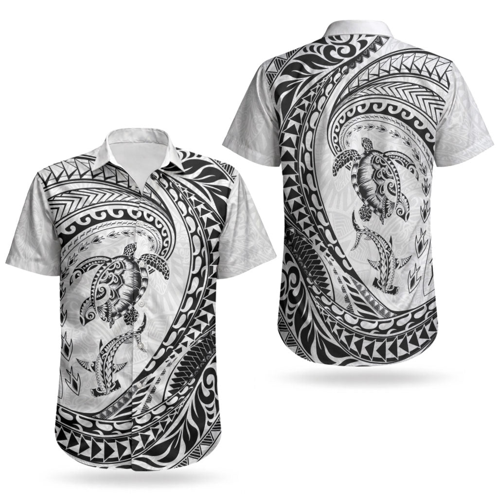 Hawaiian Turtle and Shark Couples Matching Puletasi and Hawaiian Shirt Kakau Tribal with Polynesian Pattern White Color LT03 - Polynesian Pride