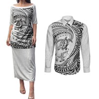 Hawaiian Turtle and Shark Couples Matching Puletasi and Long Sleeve Button Shirt Kakau Tribal with Polynesian Pattern White Color LT03 White - Polynesian Pride