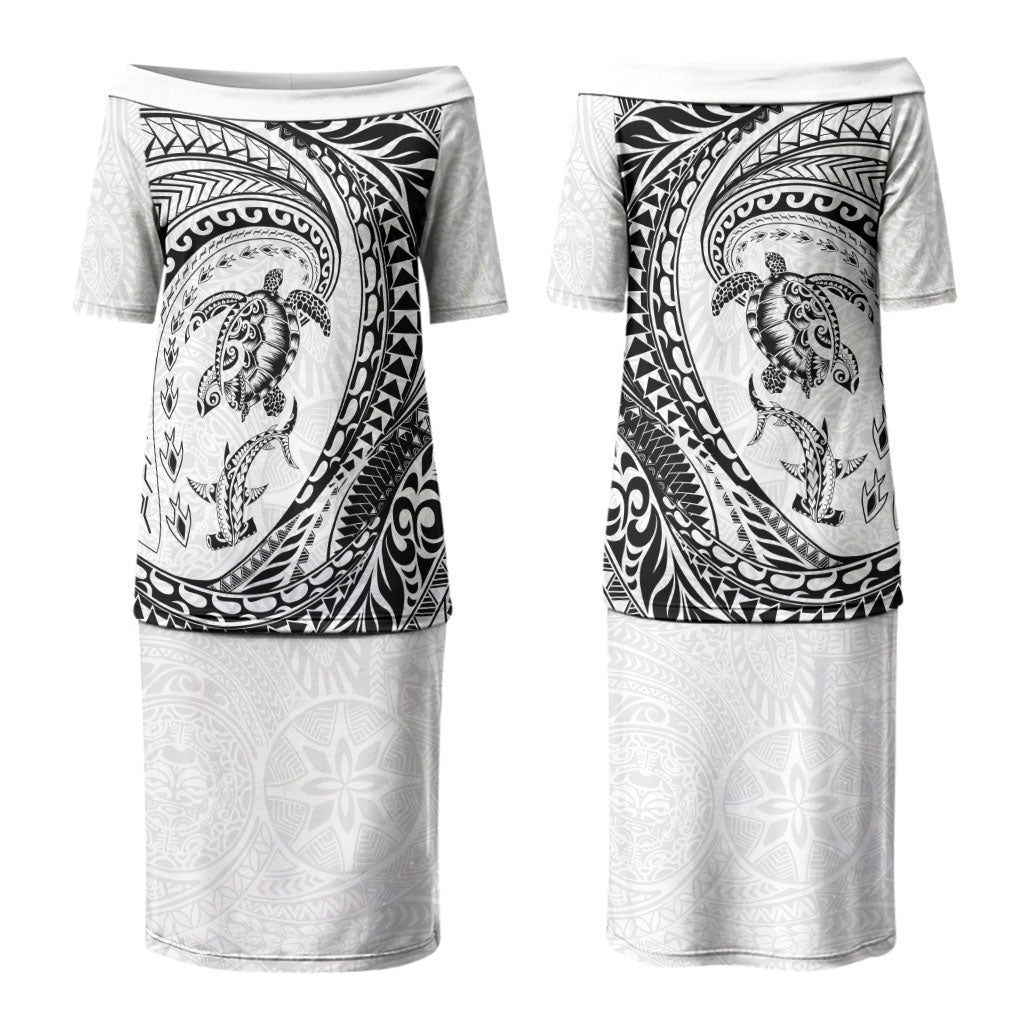 Hawaiian Turtle and Shark Couples Matching Puletasi and Long Sleeve Button Shirt Kakau Tribal with Polynesian Pattern White Color LT03 - Polynesian Pride