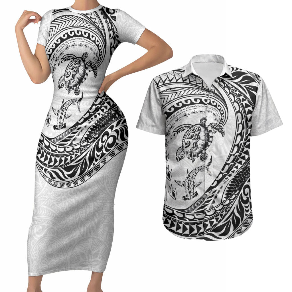 Hawaiian Turtle and Shark Couples Matching Short Sleeve Bodycon Dress and Hawaiian Shirt Kakau Tribal with Polynesian Pattern White Color LT03 White - Polynesian Pride