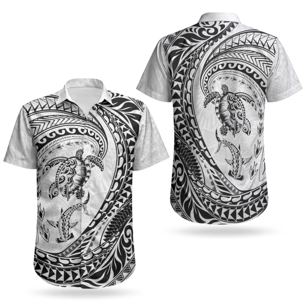 Hawaiian Turtle and Shark Couples Matching Short Sleeve Bodycon Dress and Hawaiian Shirt Kakau Tribal with Polynesian Pattern White Color LT03 - Polynesian Pride