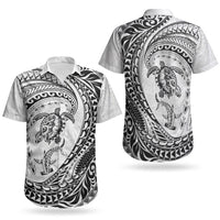 Hawaiian Turtle and Shark Couples Matching Short Sleeve Bodycon Dress and Hawaiian Shirt Kakau Tribal with Polynesian Pattern White Color LT03 - Polynesian Pride
