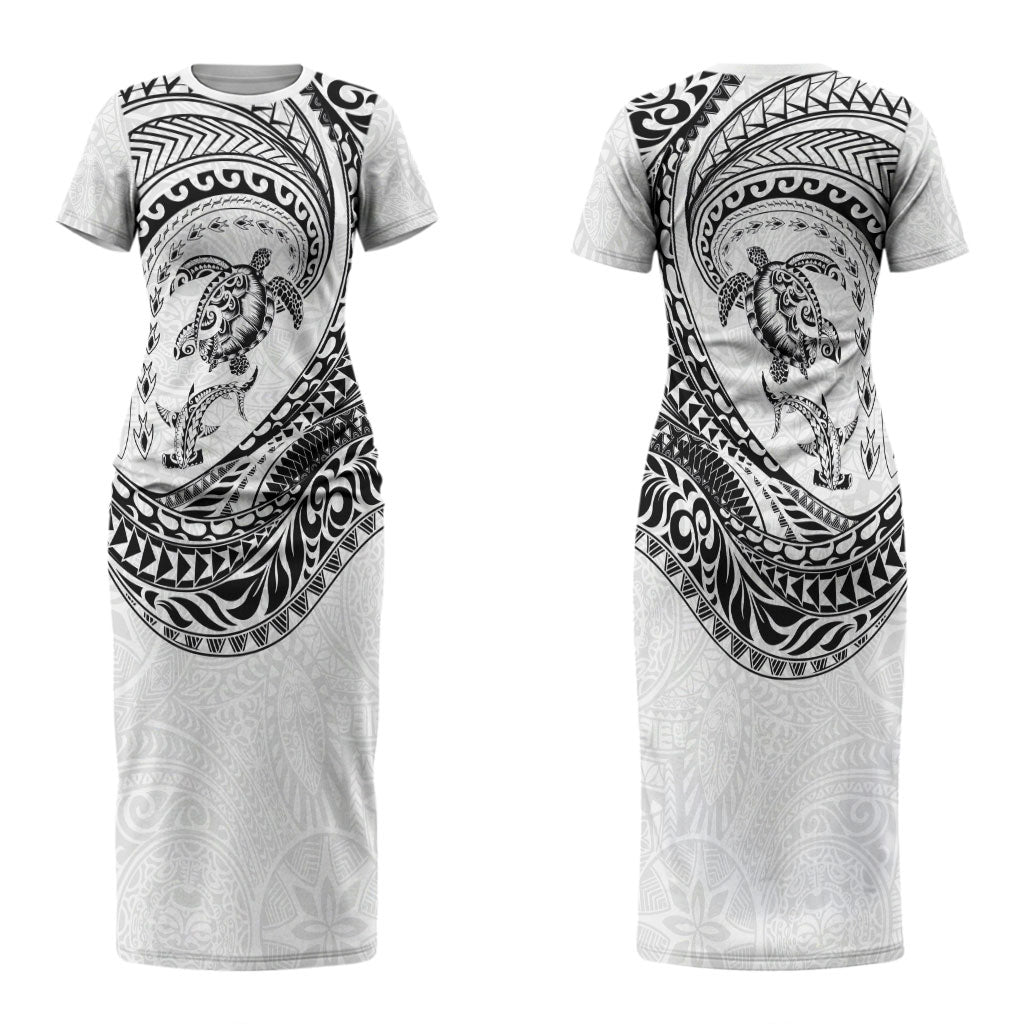 Hawaiian Turtle and Shark Couples Matching Short Sleeve Bodycon Dress and Hawaiian Shirt Kakau Tribal with Polynesian Pattern White Color LT03 - Polynesian Pride