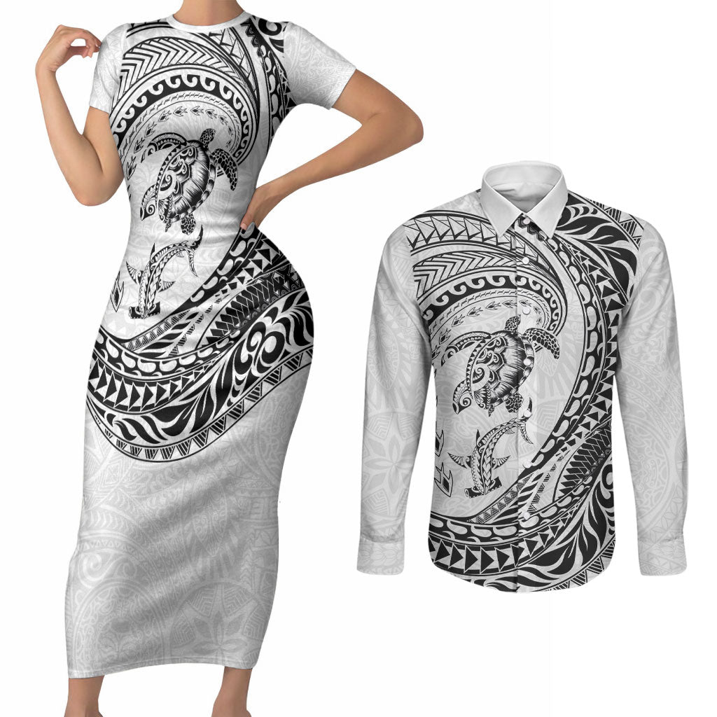 Hawaiian Turtle and Shark Couples Matching Short Sleeve Bodycon Dress and Long Sleeve Button Shirt Kakau Tribal with Polynesian Pattern White Color LT03 White - Polynesian Pride