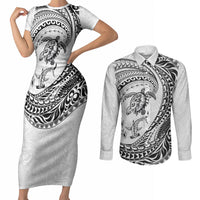 Hawaiian Turtle and Shark Couples Matching Short Sleeve Bodycon Dress and Long Sleeve Button Shirt Kakau Tribal with Polynesian Pattern White Color LT03 White - Polynesian Pride