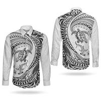 Hawaiian Turtle and Shark Couples Matching Short Sleeve Bodycon Dress and Long Sleeve Button Shirt Kakau Tribal with Polynesian Pattern White Color LT03 - Polynesian Pride