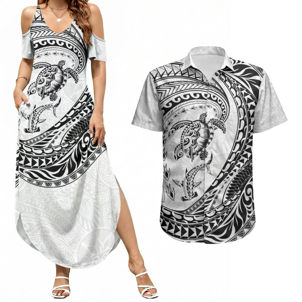 Hawaiian Turtle and Shark Couples Matching Summer Maxi Dress and Hawaiian Shirt Kakau Tribal with Polynesian Pattern White Color LT03 White - Polynesian Pride