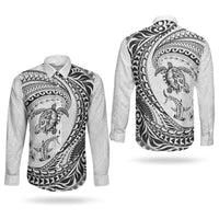 Hawaiian Turtle and Shark Couples Matching Summer Maxi Dress and Long Sleeve Button Shirt Kakau Tribal with Polynesian Pattern White Color LT03 - Polynesian Pride