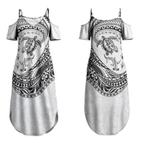 Hawaiian Turtle and Shark Couples Matching Summer Maxi Dress and Long Sleeve Button Shirt Kakau Tribal with Polynesian Pattern White Color LT03 - Polynesian Pride