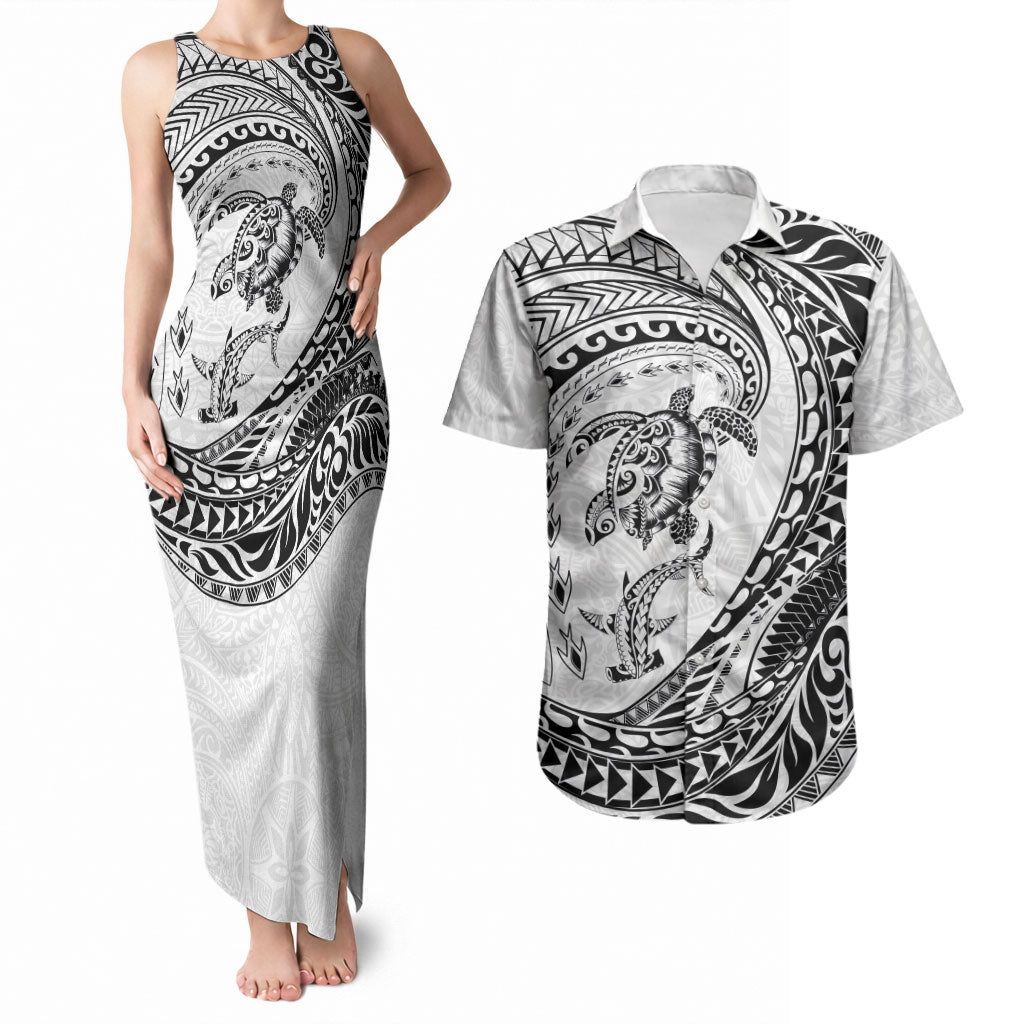 Hawaiian Turtle and Shark Couples Matching Tank Maxi Dress and Hawaiian Shirt Kakau Tribal with Polynesian Pattern White Color LT03 White - Polynesian Pride