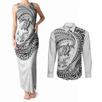 Hawaiian Turtle and Shark Couples Matching Tank Maxi Dress and Long Sleeve Button Shirt Kakau Tribal with Polynesian Pattern White Color LT03 White - Polynesian Pride
