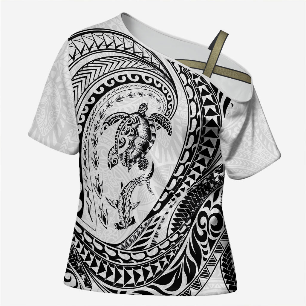 Hawaiian Turtle and Shark Cross Shoulder Shirt Kakau Tribal with Polynesian Pattern White Color LT03 Female White - Polynesian Pride