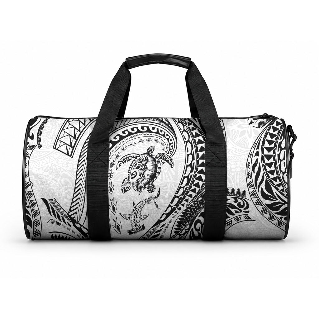 Hawaiian Turtle and Shark Duffle Bag Kakau Tribal with Polynesian Pattern White Color